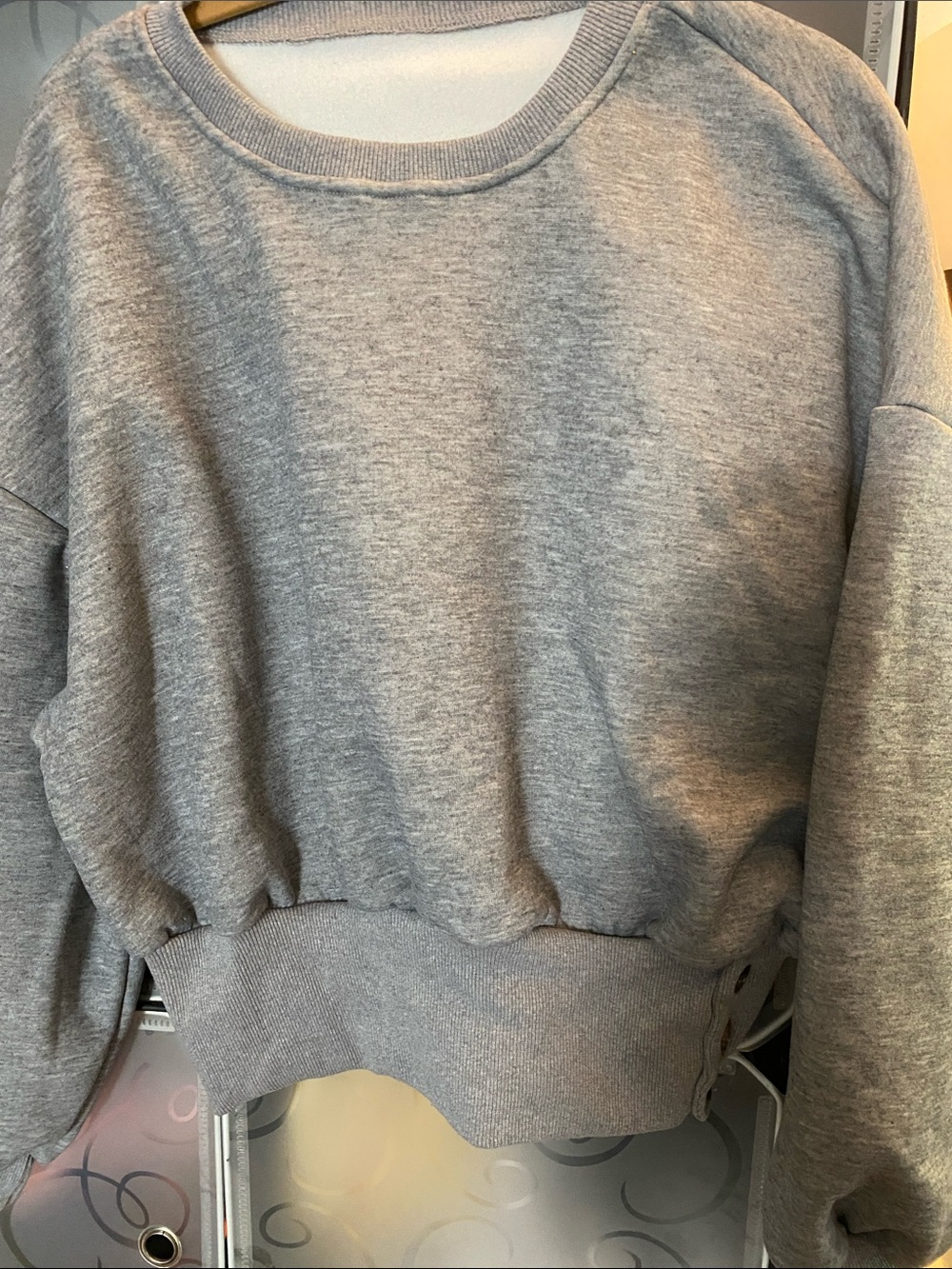 NWOT, Cozy Grey Crewneck Sweatshirt Fitted at the Bottom With Side Buttons.